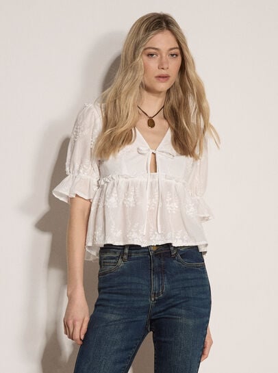 Floral Embroidered Cotton Crop Blouse