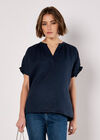Ruffle Sleeve Woven T-Shirt, Navy, large