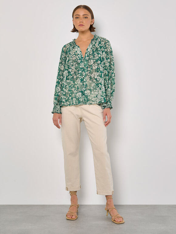 Blurred Floral Chiffon Blouse, Green, large