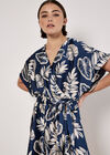 Tropical Leaf Print Satin Mini Dress, Navy, large