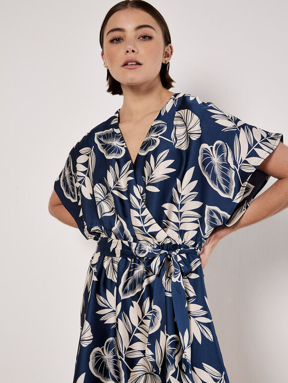 Tropical Leaf Print Satin Mini Dress, Navy, large