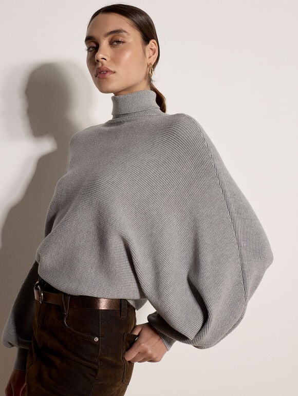 Ribbed Knit Batwing Cape Jumper, Silver, large