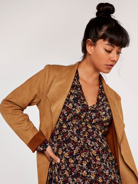 Suedette Waterfall Car Coat, Brown, large