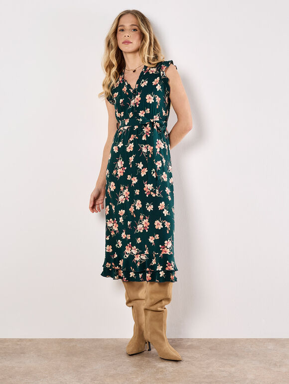 Painterly Floral Midi Dress, Green, large