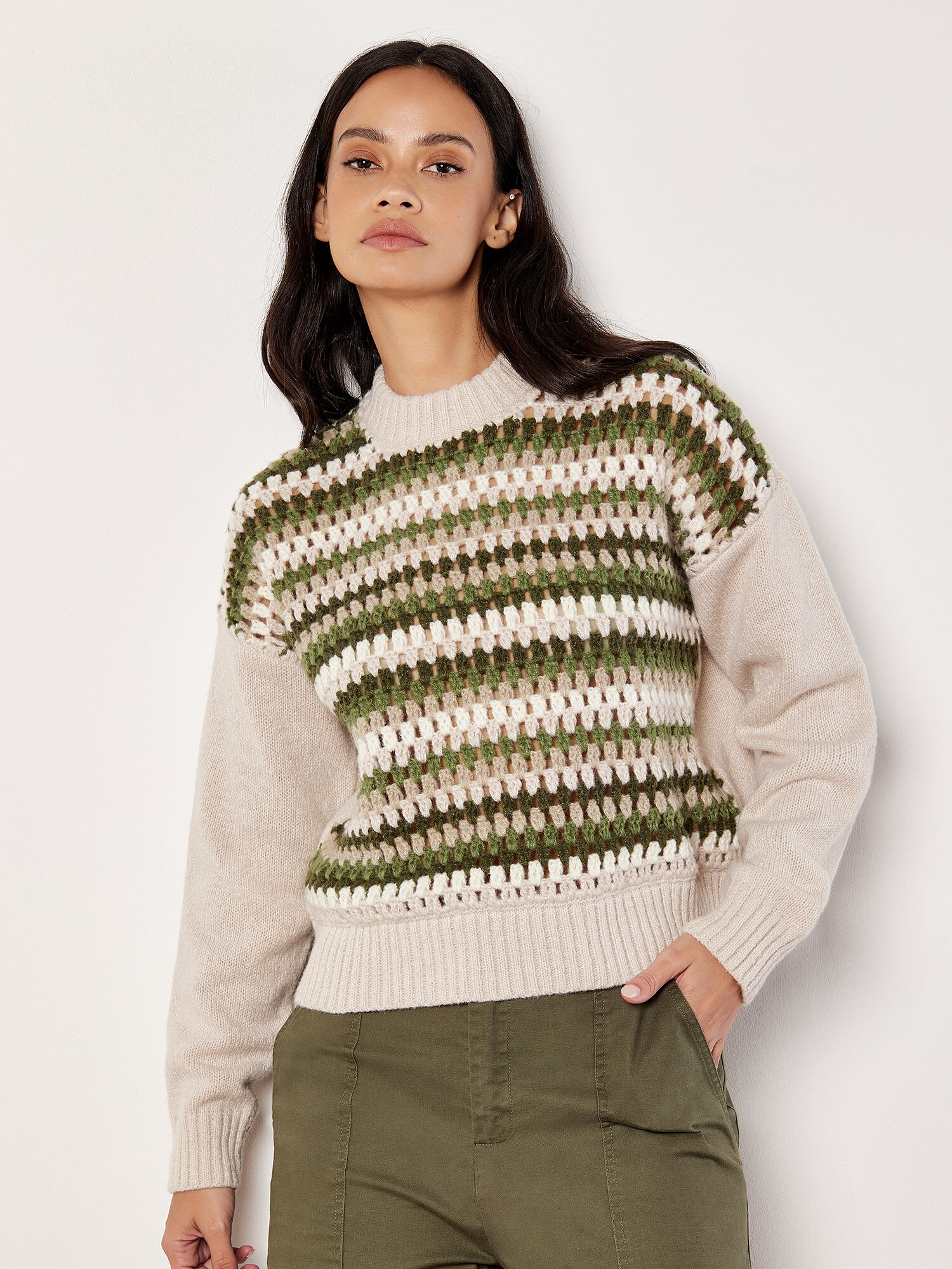 Crochet Stripes Panel Jumper Apricot Clothing