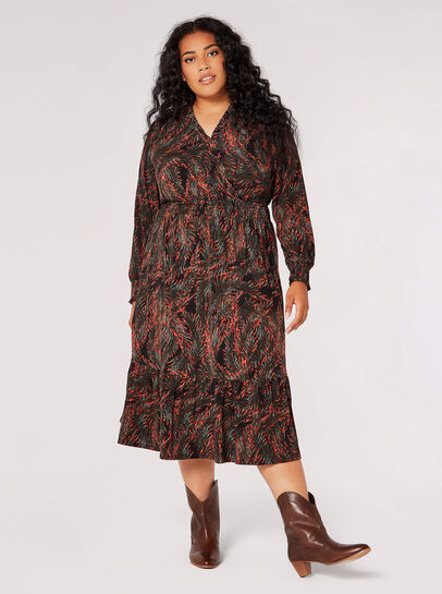 Curve Feather Print Midi  Dress