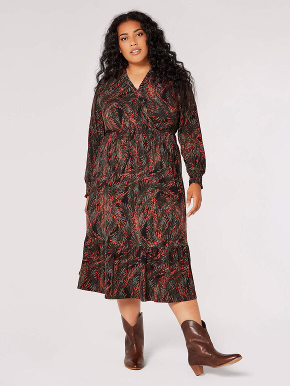 Curve Feather Print Midi  Dress, Burgundy, large