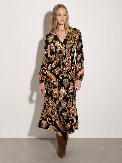 Crepe Folk Floral Midi Dress