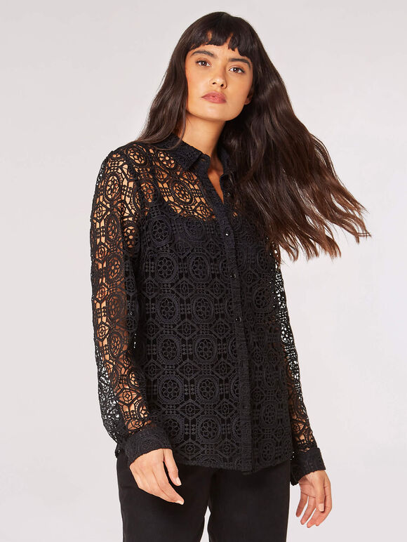 Geometric Guipure Lace Shirt, Black, large