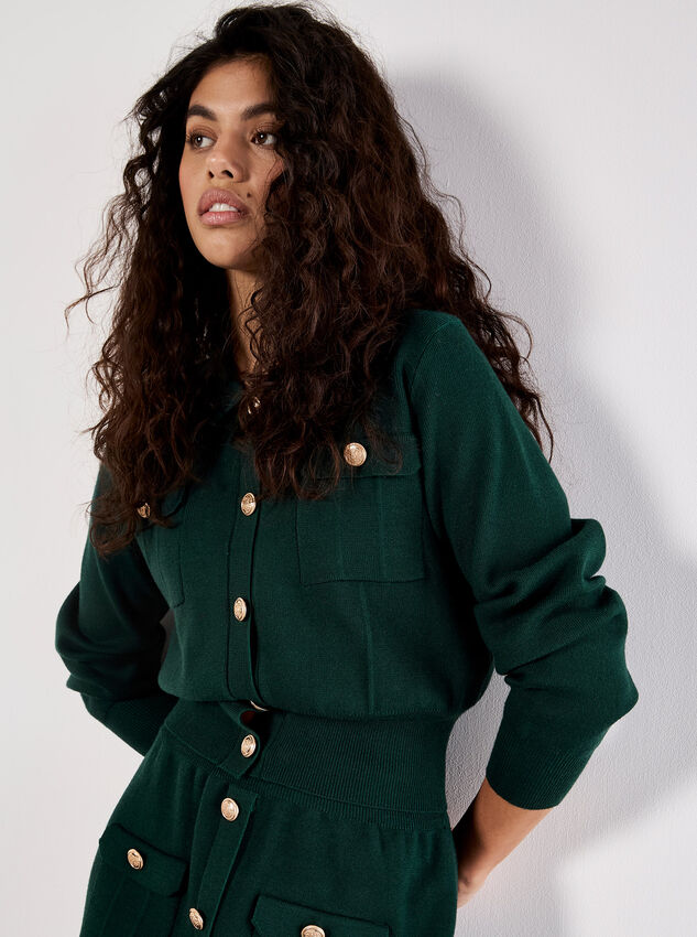 Gold Button Knit Cardigan, Green, large