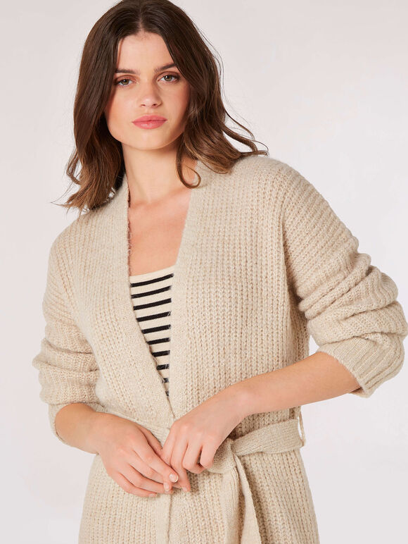 Fisherman Knit Longline  Cardigan, Stone, large