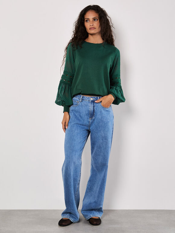 Contrast Chiffon Sleeves Jumper, Green, large