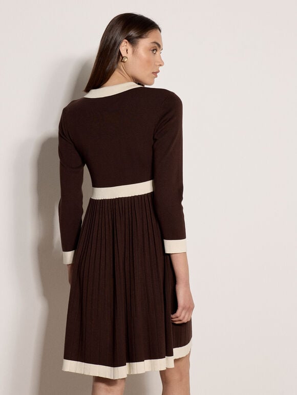 Colour Block Retro Knit Mini Dress, Brown, large