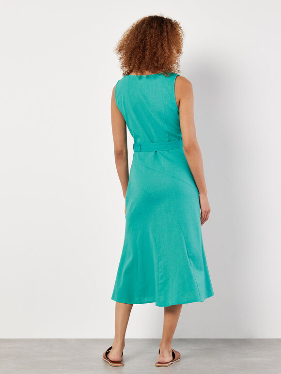 Linen Blend Belted Midi Dress, Blue, large