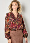Patchwork Print Ruffle Blouse, Burgundy, large