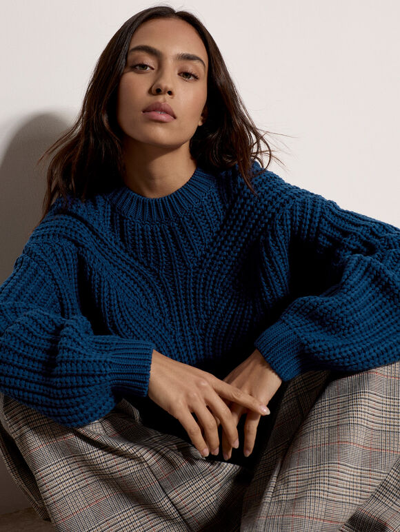 Chunky Cable Knit Jumper, Cobalt/Royal Blue, large