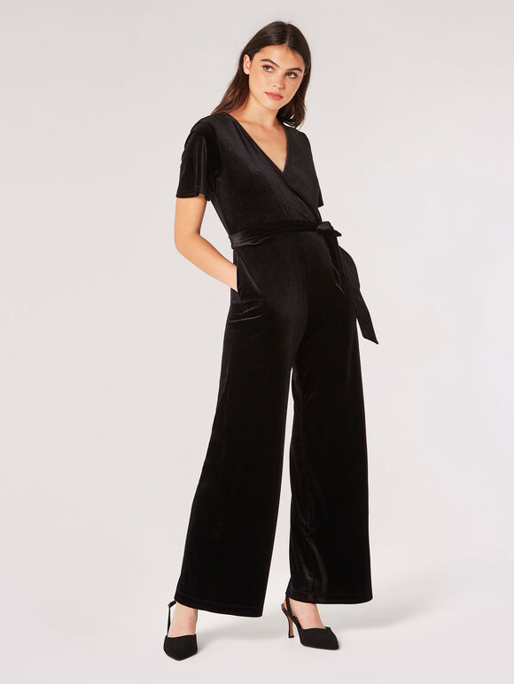 Velvet Wrap Culotte Jumpsuit, Black, large