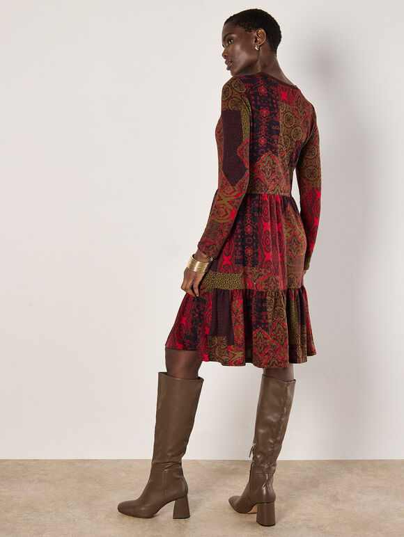 Folk Patchwork Jersey Knit Mini Dress, Red, large