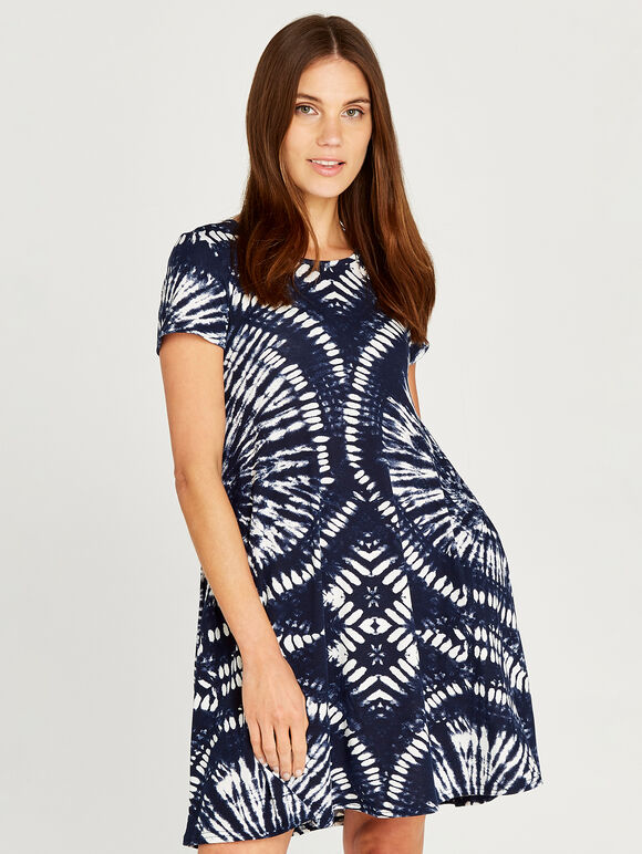 Tribal Tie Dye Shirt Dress, Navy, large