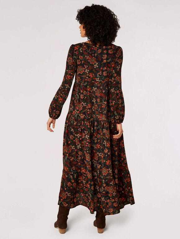 Boho Floral Print Maxi Dress, Black, large