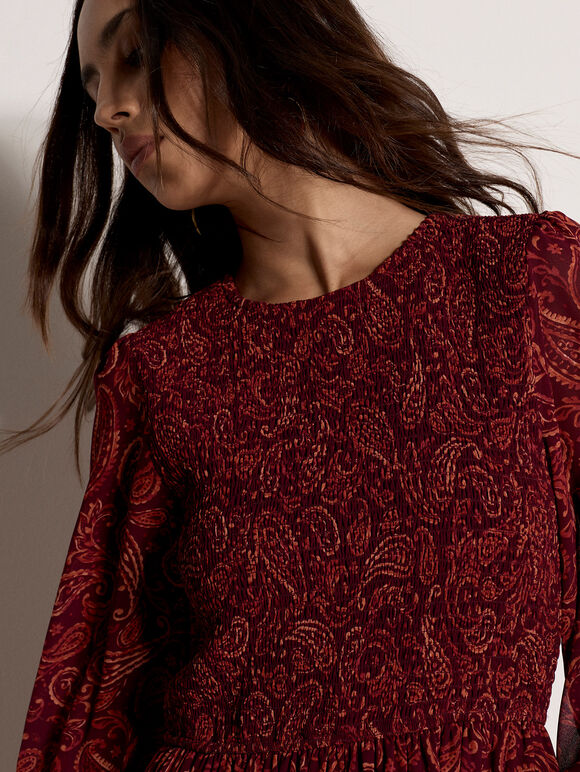 Paisley Chiffon Mini Dress, Burgundy, large
