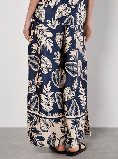 Tropical Leaf Print Satin Wide Leg Trousers