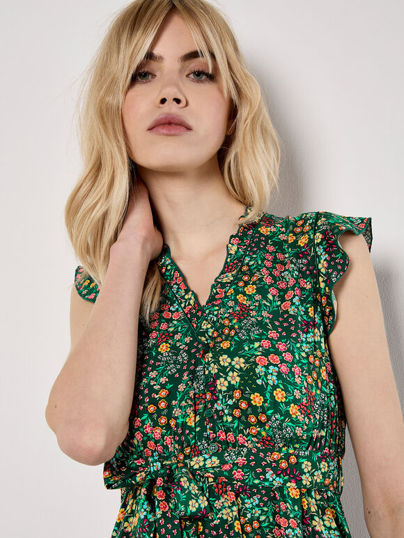 Ditsy Floral Ruffle Mini Dress, Green, large