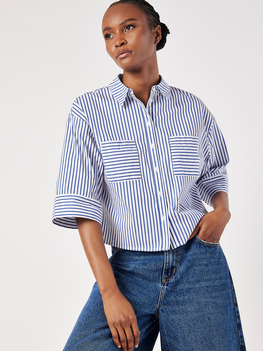 Image of Cotton Blend Cropped Stripe Shirt