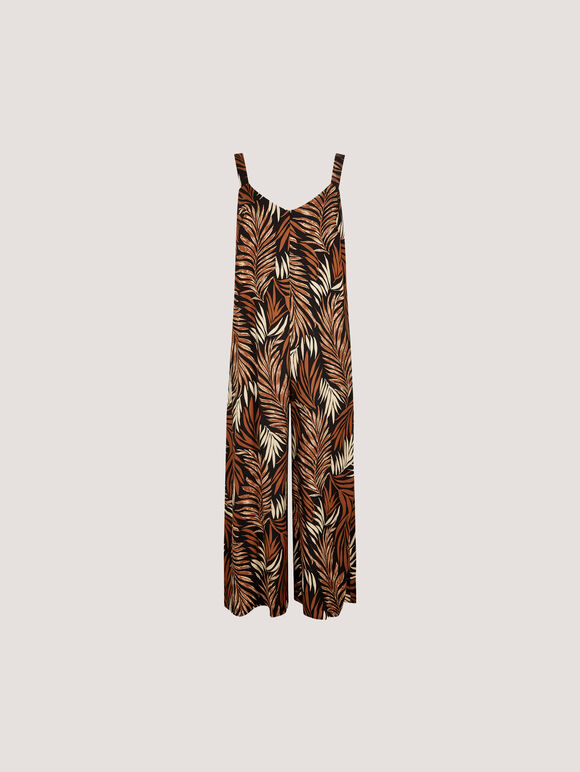 Leaf Print Wide Leg Jumpsuit, Rust, large