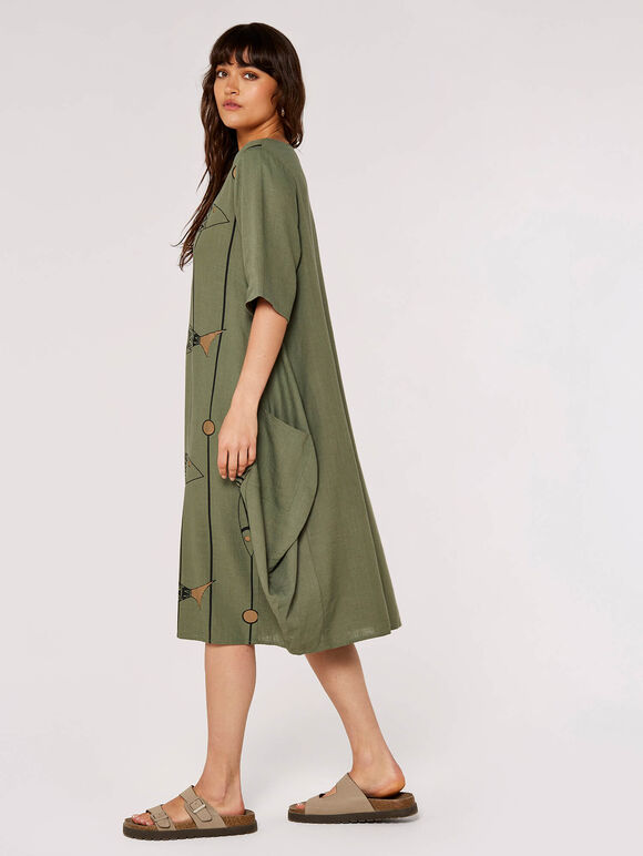 Printed Cocoon Midi Dress, Khaki, large