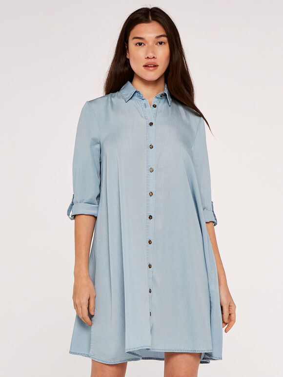 Denim Swing Shirt Mini Dress, Blue, large