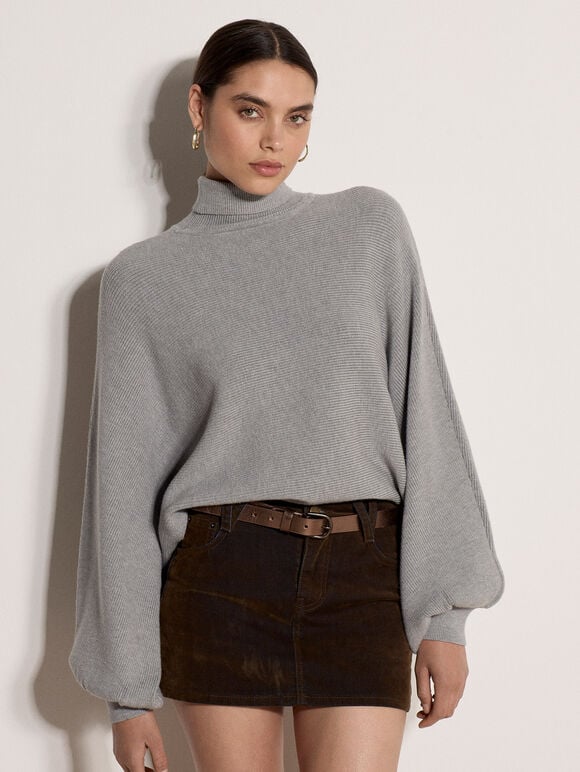 Ribbed Knit Batwing Cape Jumper, Silver, large