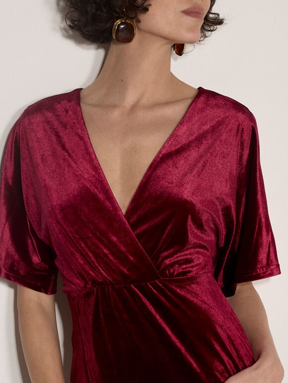 Velvet Wrap Mini Dress, Burgundy, large