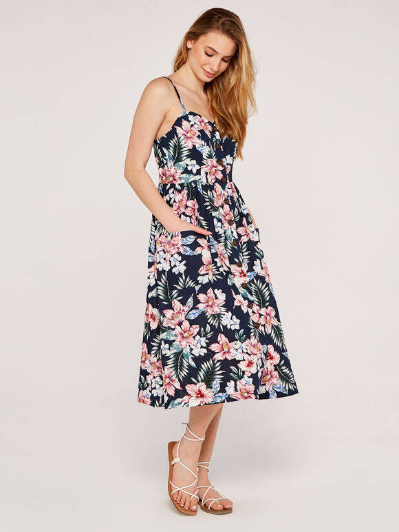 Tropical Floral Button Down Tea Dress, Navy, large