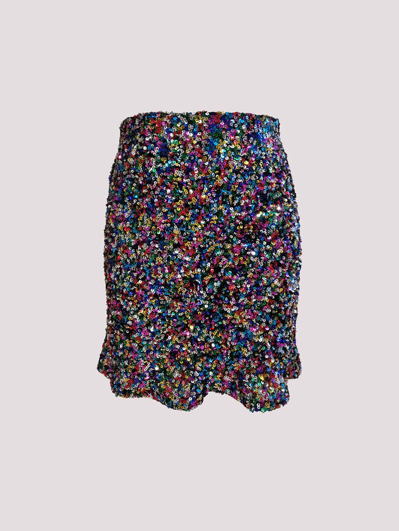 Rainbow Sequin Mini Skirt, Black, large
