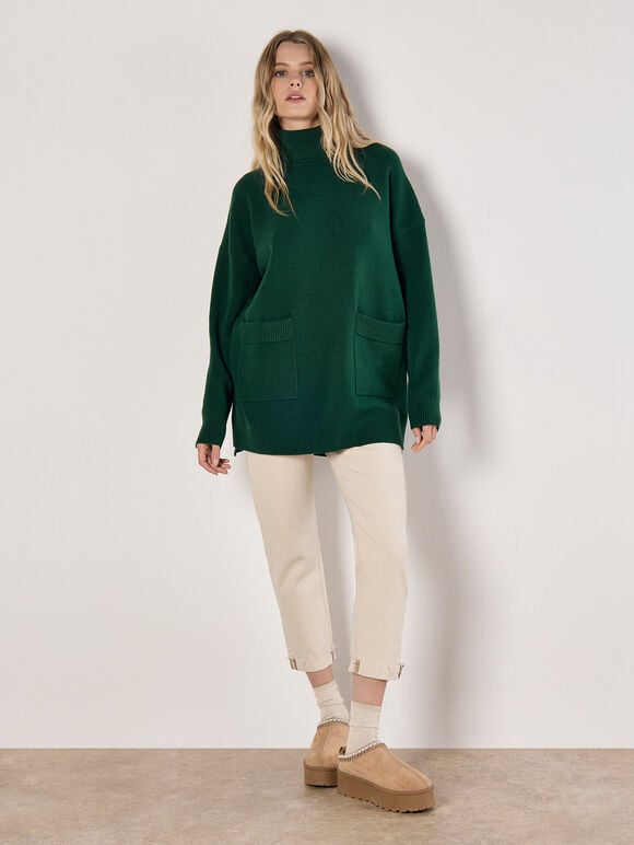 Oversized Tunic Roll Neck Jumper, Green, large