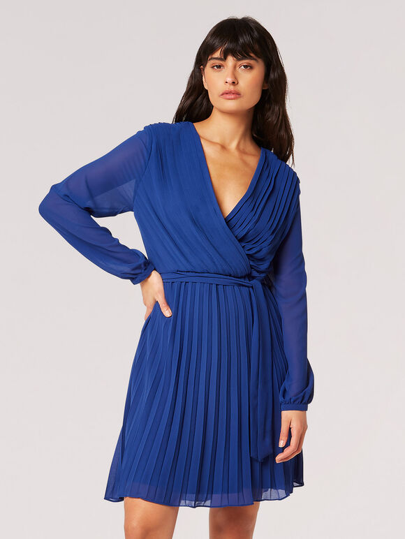 Pleated Chiffon Wrap Mini Dress, Blue, large
