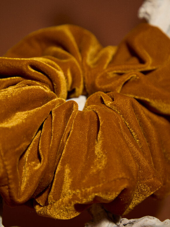 Tan Velvet Hair Scrunchie, Brown, large