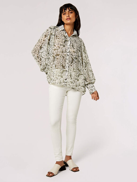 Illustrated Birds Chiffon Shirt, Cream, large