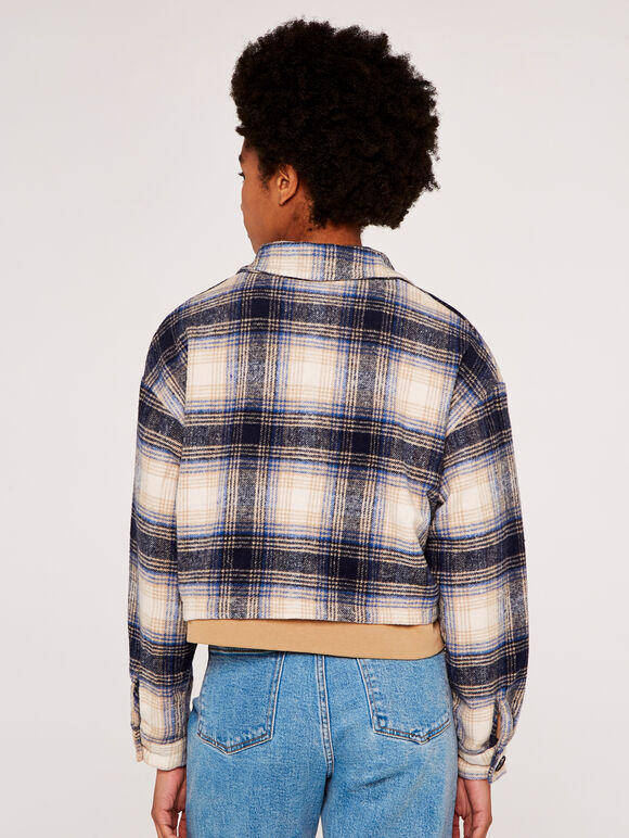 Plaid  Crop Jacket, Navy, large