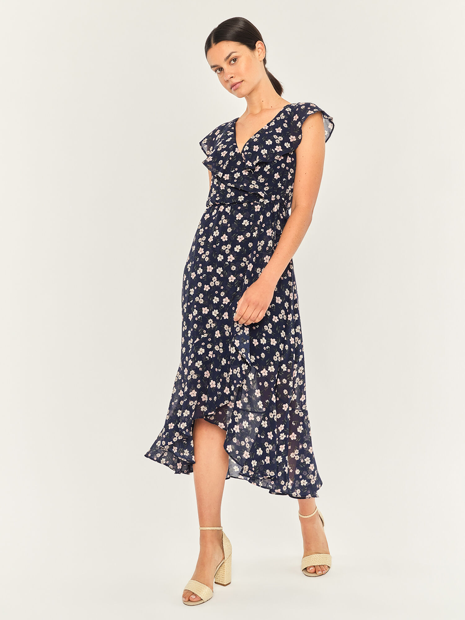 Floral Ruffle Midi Dress Apricot Clothing