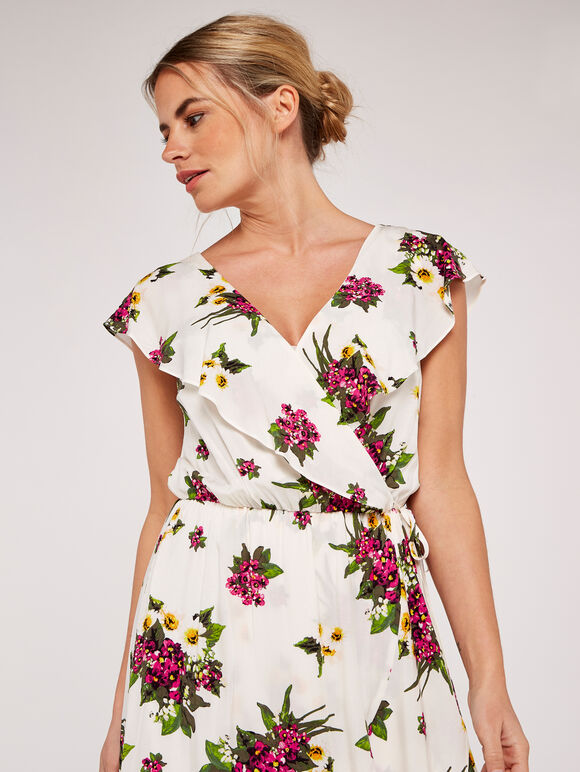 Floral Bouquet Ruffle Midi Dress, Cream, large