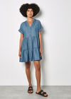 Embroidered Denim Tiered Mini Dress, Blue, large