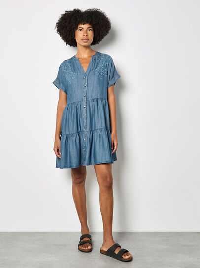 Embroidered Denim Tiered Mini Dress