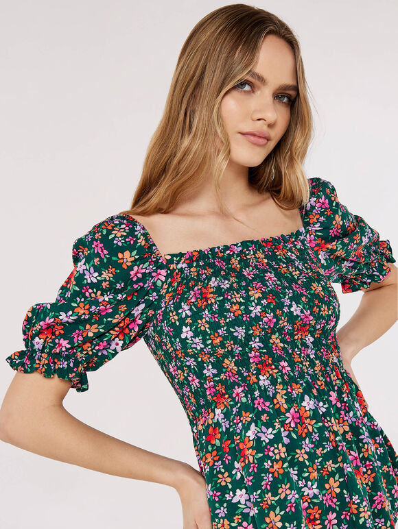 Smocked Ditsy Print Top, Green, large