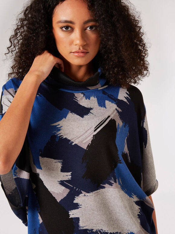Paint Stroke Cowl Neck Top, Blue, large