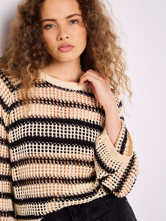 Stripe Mesh Knit Bell Sleeve Jumper, Stone, large
