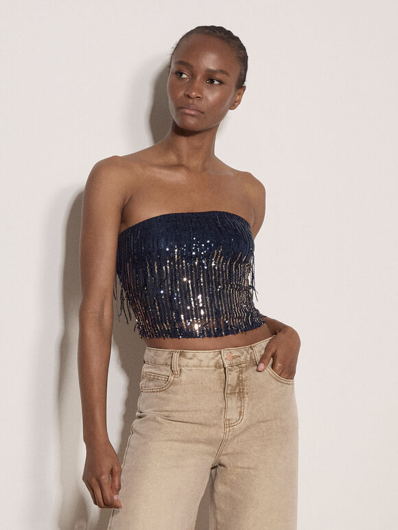 Fringe Sequin Bandeau Crop Top, Navy, large