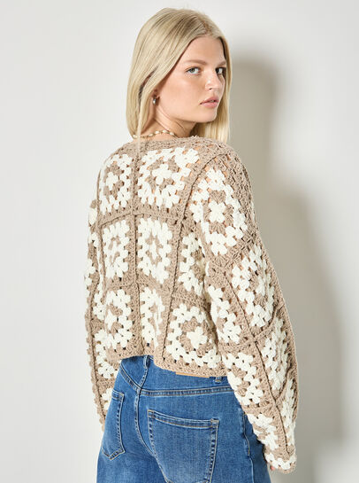 Hand-Knit Crochet Squares Cardigan