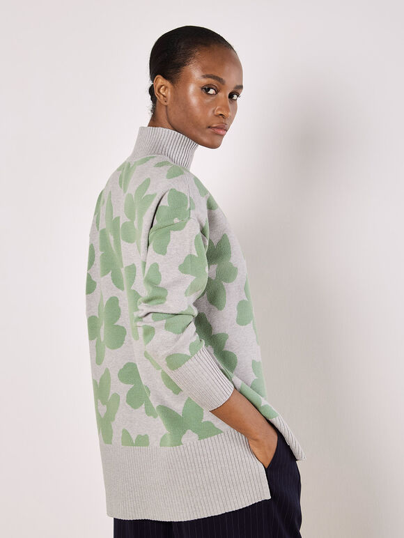 Flower Oversized Mock Neck Jumper, Grey, large